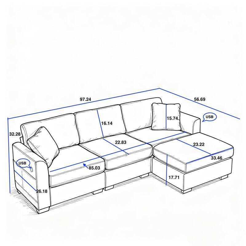 97" L-Shaped Chenille Sectional Sofa with Movable Storage Ottoman
