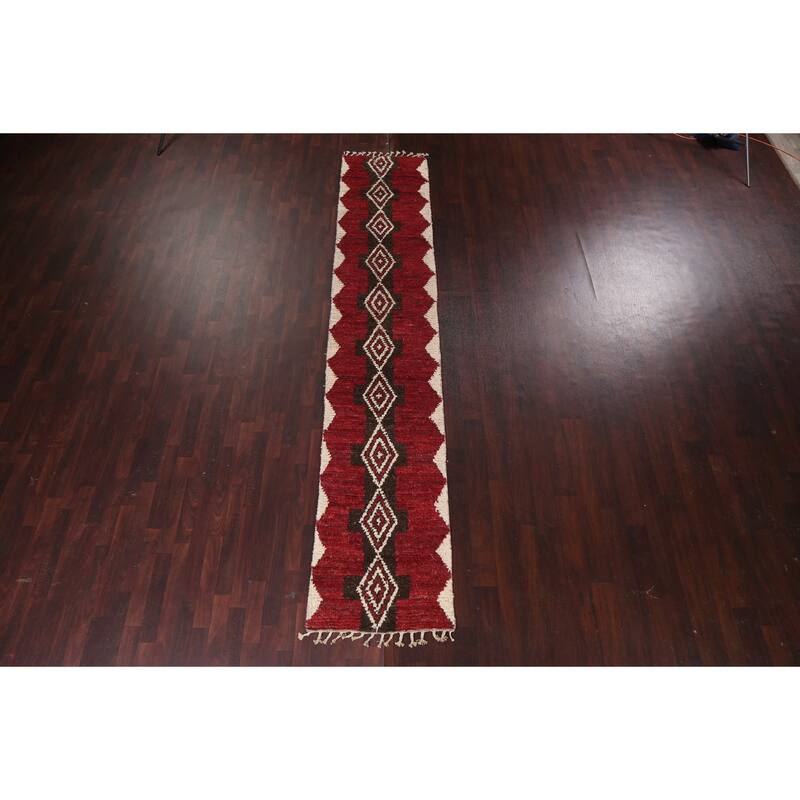 Geometric Tribal Moroccan Runner Rug Wool Hand-knotted Oriental Carpet - 2'4" x 12'5"