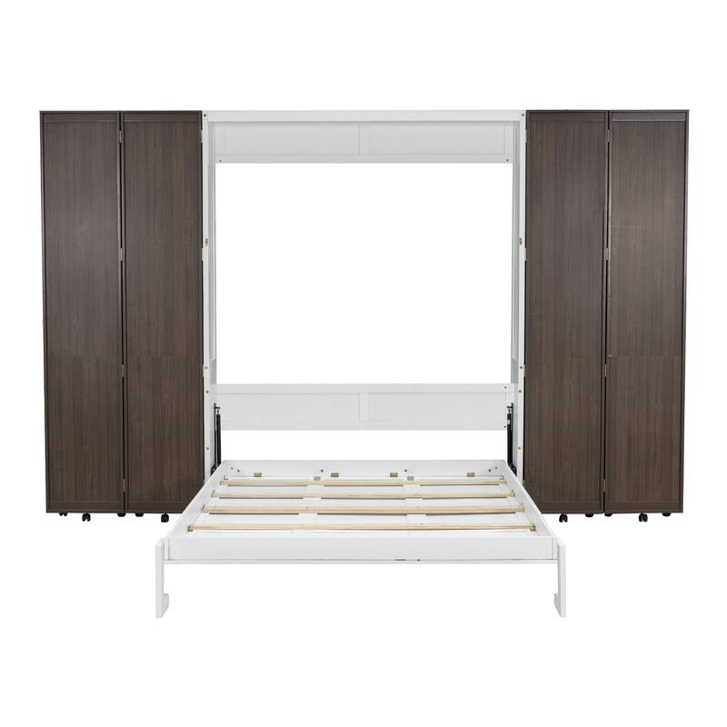 Queen Murphy Bed with Storage Bookcase, Space Saving Queen Foldable Wood Wall Bedframe for Guest Room, Home Office, Bedroom
