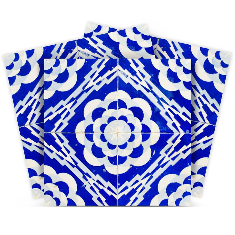 HomeRoots 4" X 4" Blue And White Gerbera Peel And Stick Removable Tiles