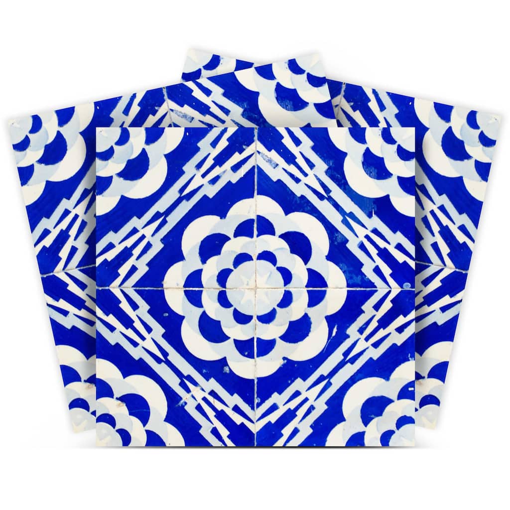 HomeRoots 4" X 4" Blue And White Gerbera Peel And Stick Removable Tiles