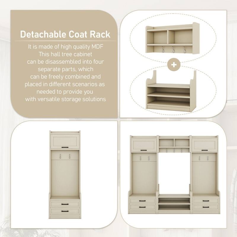 4-in-1 Detachable Hall Tree with Storage Cabinets and Hooks, Multifunctional Hallway Coat Rack with Drawers and Shoe Bench