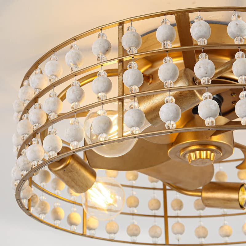 18.3 in. Bohemian Wood Bead Gold Ceiling Fan with Light and Remote - 18.31" D x 18.31" W x 7.5" H