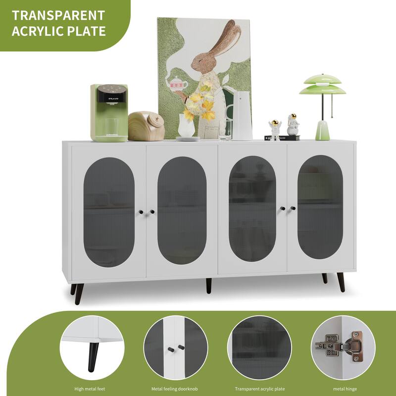 Anmytek 60" White Buffet Cabinet with Storage, 4 Acrylic Doors Accent Sideboard Cabinet for Living Room Entryway Hallway