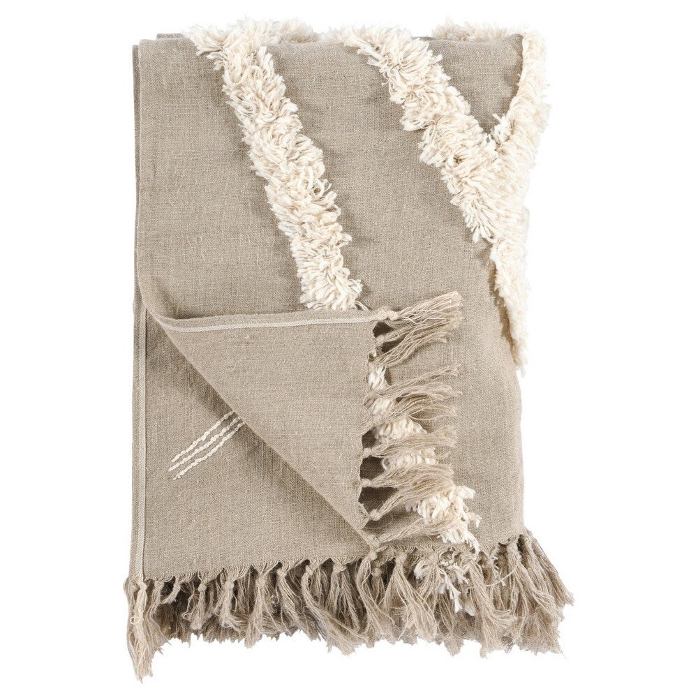 50 x 70 Linen Throw Blanket Tufted Stripes Woven Tassels Beige