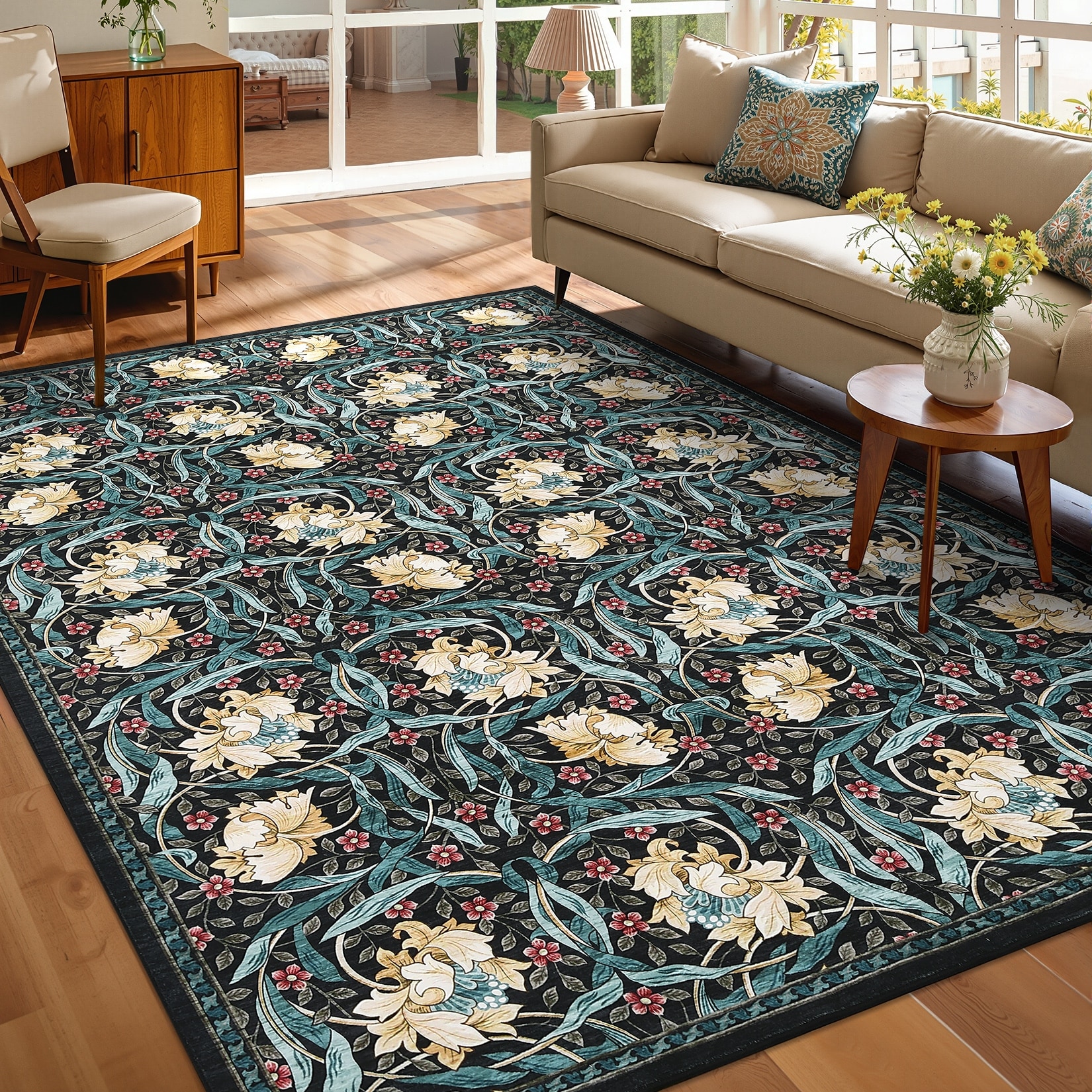 Floral Area Rug for Living Room Bedroom Soft Washable Vintage Rug Non Slip Low Pile Floor Carpet
