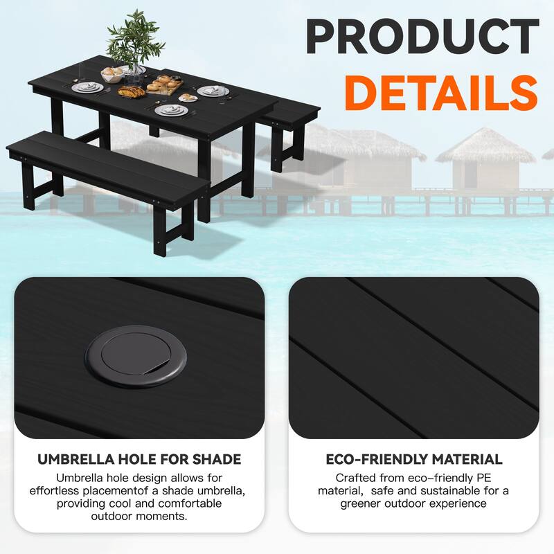 3-Piece HDPE Outdoor Dining Set with Umbrella Hole Table and Two 2-Person Benches