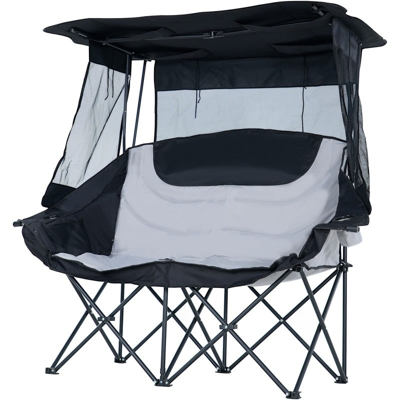 Double Beach Chair with Canopy Shade, Cup Holder and Side Pocket