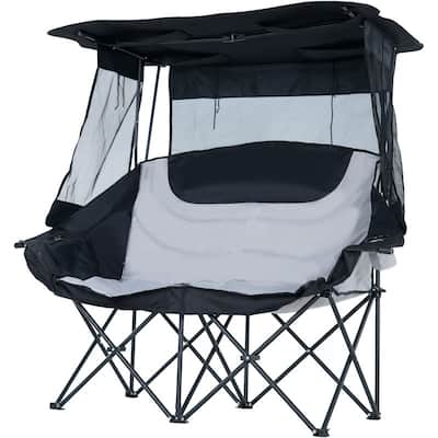 Double Beach Chair with Canopy Shade, Cup Holder and Side Pocket