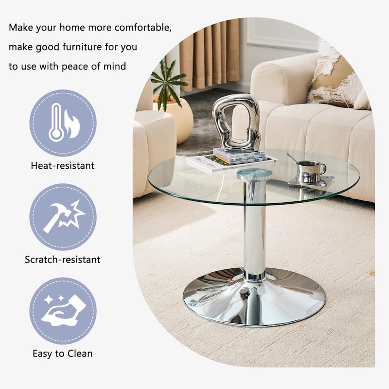 Roomfitters 27.5-Inch Round Tempered Glass Coffee Table, Metal Base, Circular Center Table, Modern Minimalist