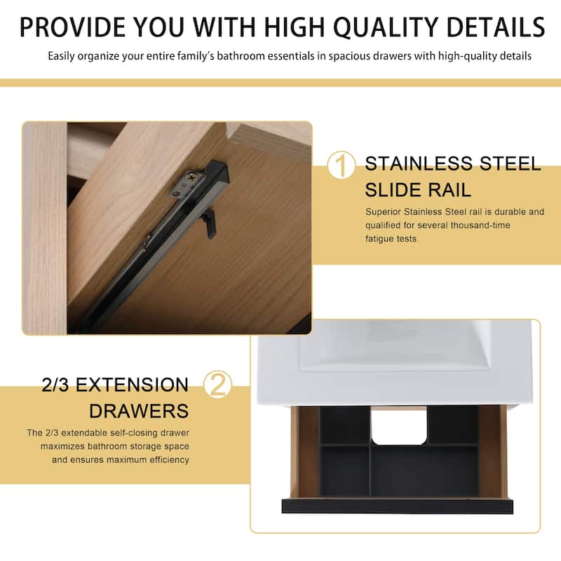 Malwee 24" Floating Bathroom Vanity, Wall Mounted Bathroom Vanity with Ceramic Sink,2 Soft Close Drawers