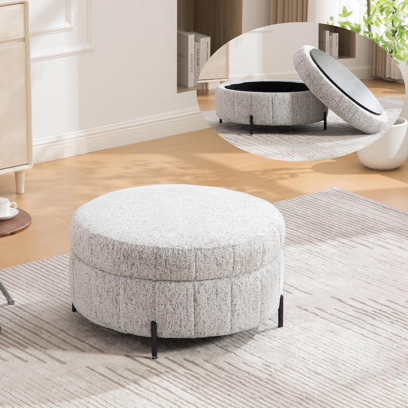 31.3"W Round Storage Ottoman, Footstool with Reversible Lid,Coffee Table,Metal Legs - White+Black