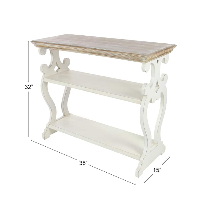 White Wood Scroll Side Frames 2 Shelf Console Table with Brown Wood Top - White or Black