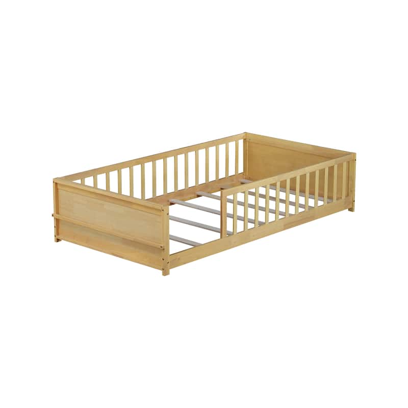 Twin Floor Bed with Built-in Bookcase Rubber Wood Low Profile Platform Bed