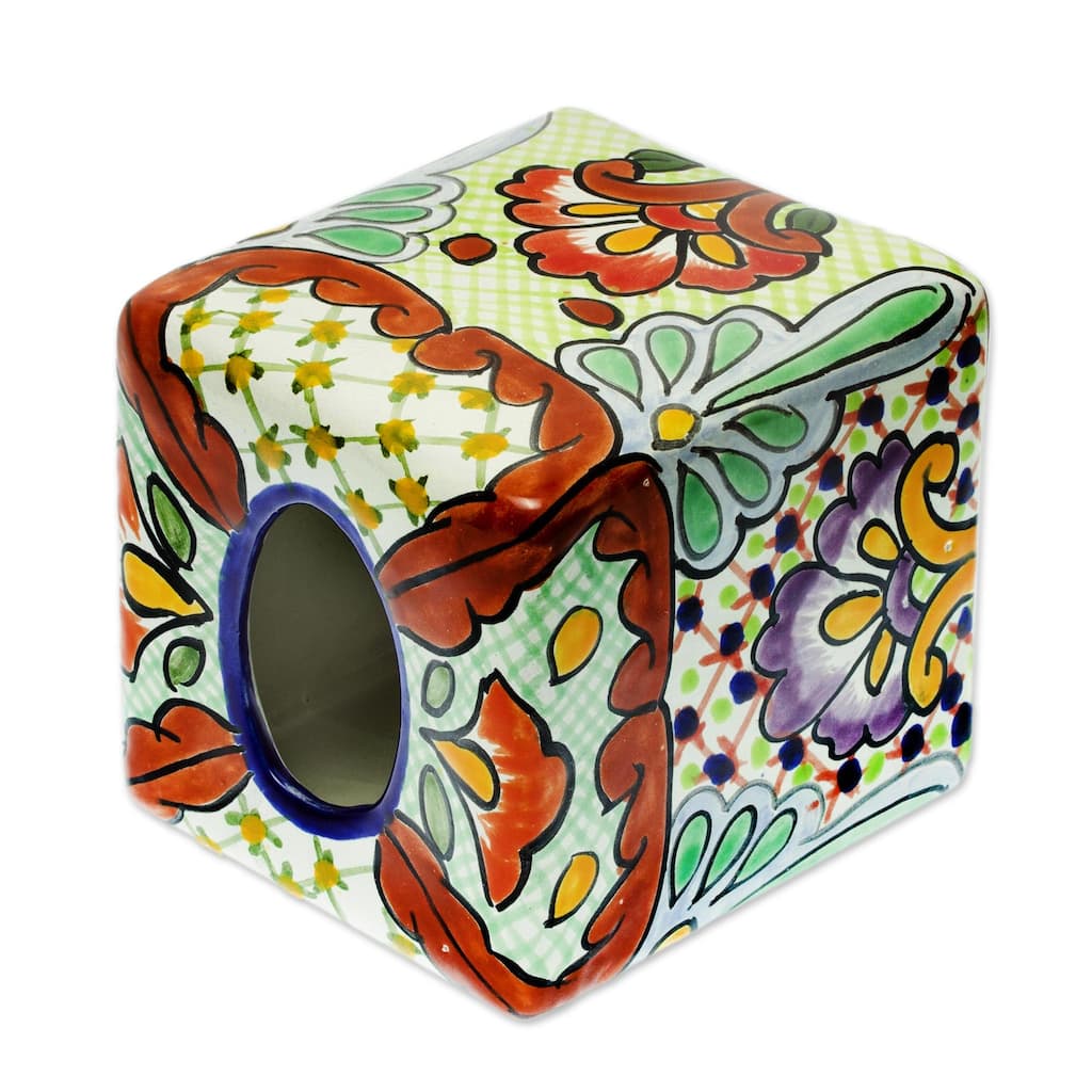 Novica Handmade Hidalgo Bouquet Ceramic Tissue Box Cover - Red