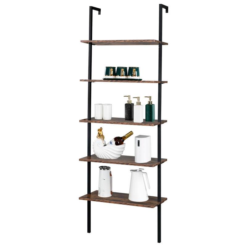 5-Tier Industrial Wood Ladder Bookcase with Metal Frame - Black/Brown
