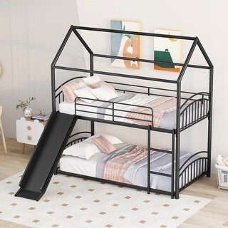 Twin Over Twin Metal Bunk Bed with Slide, Roof & Security Guardrail