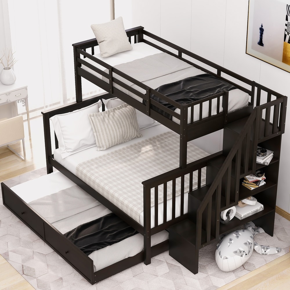 Twin-Over-Full Bunk Bed with Twin size Trundle, Storage and Guard Rail for Bedroom, Dorm, for Adults, White