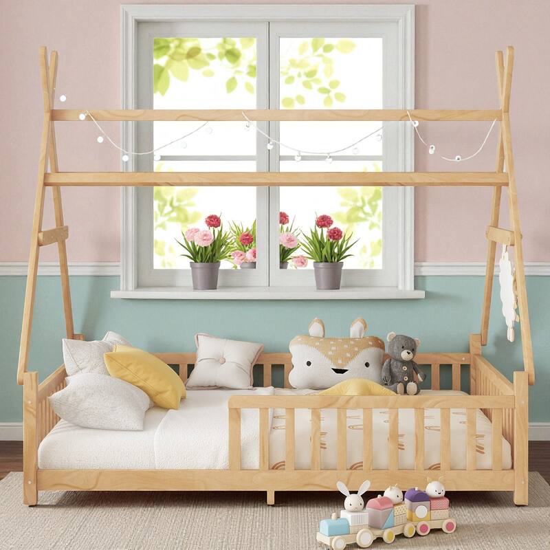 Twin/Full Size House Bed with LED Light and Fence, Wooden Low Floor Kids Bed Frame with Roof for Boys and Girls - Natural - Full