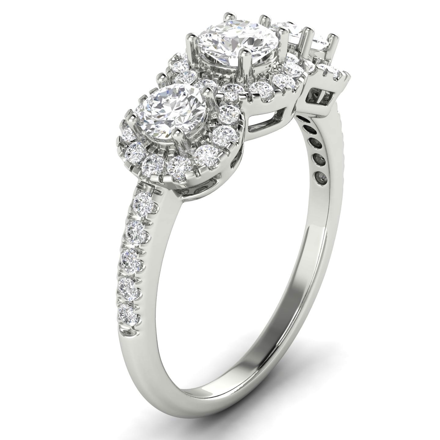 1.08 CT Three-Stone Halo Round Cut Diamond Engagement Ring in 14KT