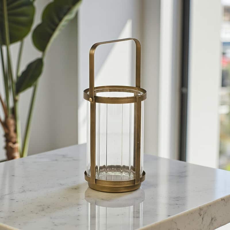 Vortial Fluted Glass Candle Lantern with Gold Metal Frame - Medium