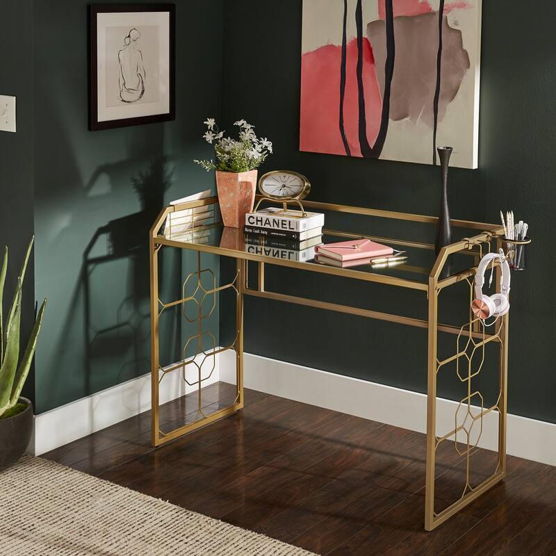 Elle Octagon Pattern Gold Metal and Glass Desk by iNSPIRE Q Bold