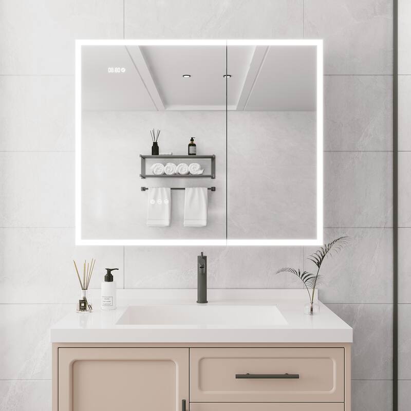 LED Bathroom Medicine Cabinet with Mirror, Double Door Lighted Medicine Cabinet with Defogger, Adjustable Brightness - 36×30 Inch - Silver + Aluminum