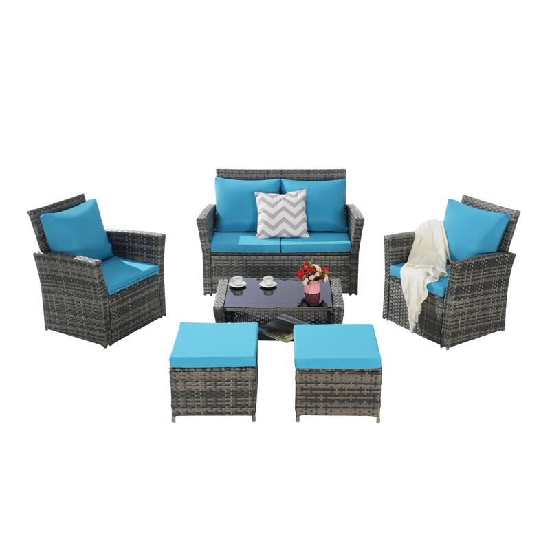 6-Piece Outdoor Patio Rattan Conversation Sofa Set with Tempered Glass Coffee Table