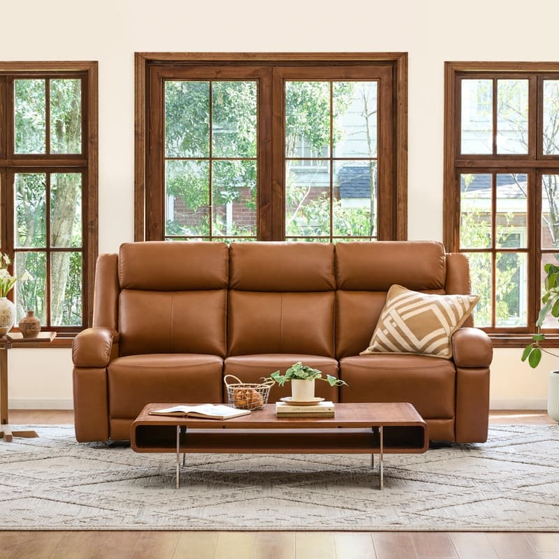 Spruce & Spring Hadlee Genuine leather Reclining Sofa with Multi-Function Console. - 3PC - Saddle