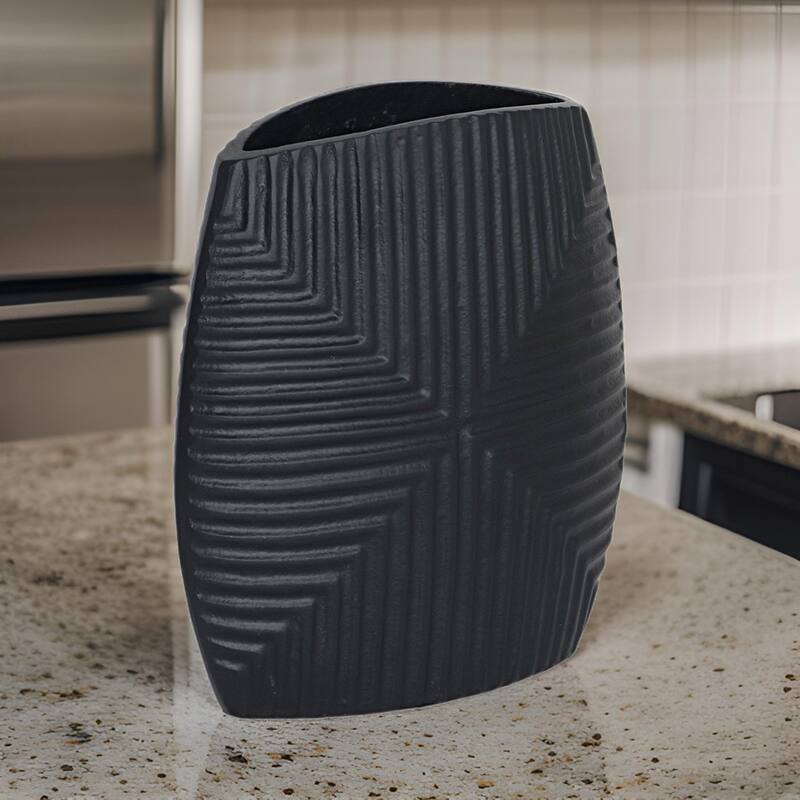 Ako 10 Inch Vase, Metal Ribbed Body Design, Curved Top, Matte Black Finish