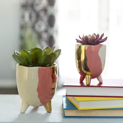 Set of 2 4"&3" Metalic 3-TONE FOOTED CERAMIC Pot