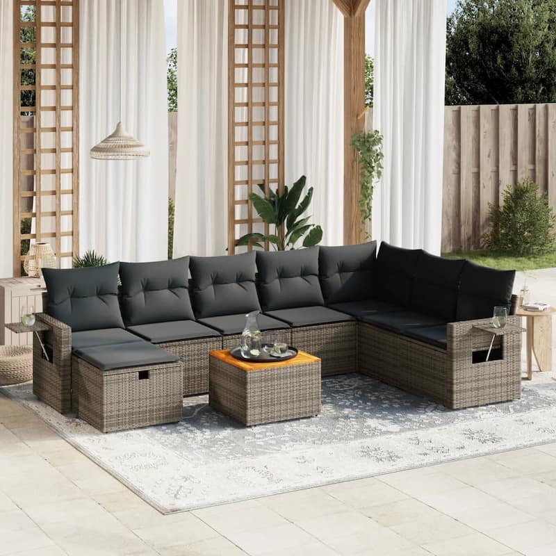 vidaXL Patio Sofa Set with Cushions Outdoor Furniture 9 Piece Poly Rattan - Gray - 24.4 x 24.4 x 27.2 in