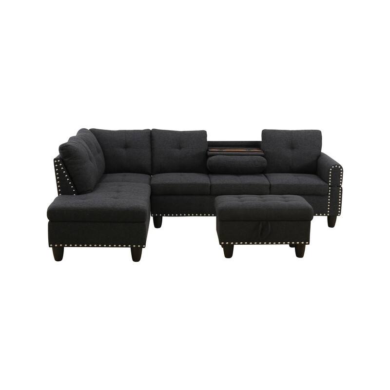 Modular Living Room Sectional with Storage Ottoman and Flip-Top Console, Black or Gray