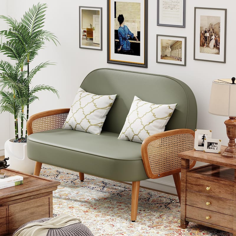 Loveseat Sofa Small Couch for Living Room, Faux Leather Mini Couch Love Seat with Natural Rattan Armrest and Solid Wooden Legs - Green