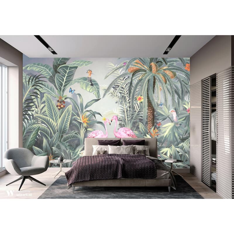 Vibrant Tropical Paradise Wallpaper Mural Flamingos Wildlife