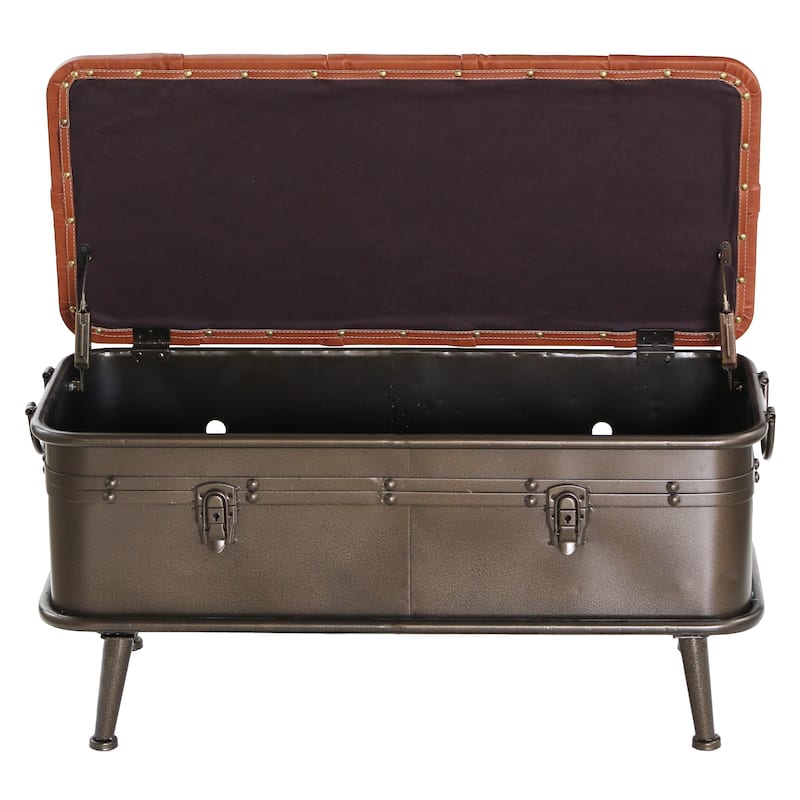 River of Goods Tan Tufted Faux Leather and Distressed Metal 17-inch High Storage Bench