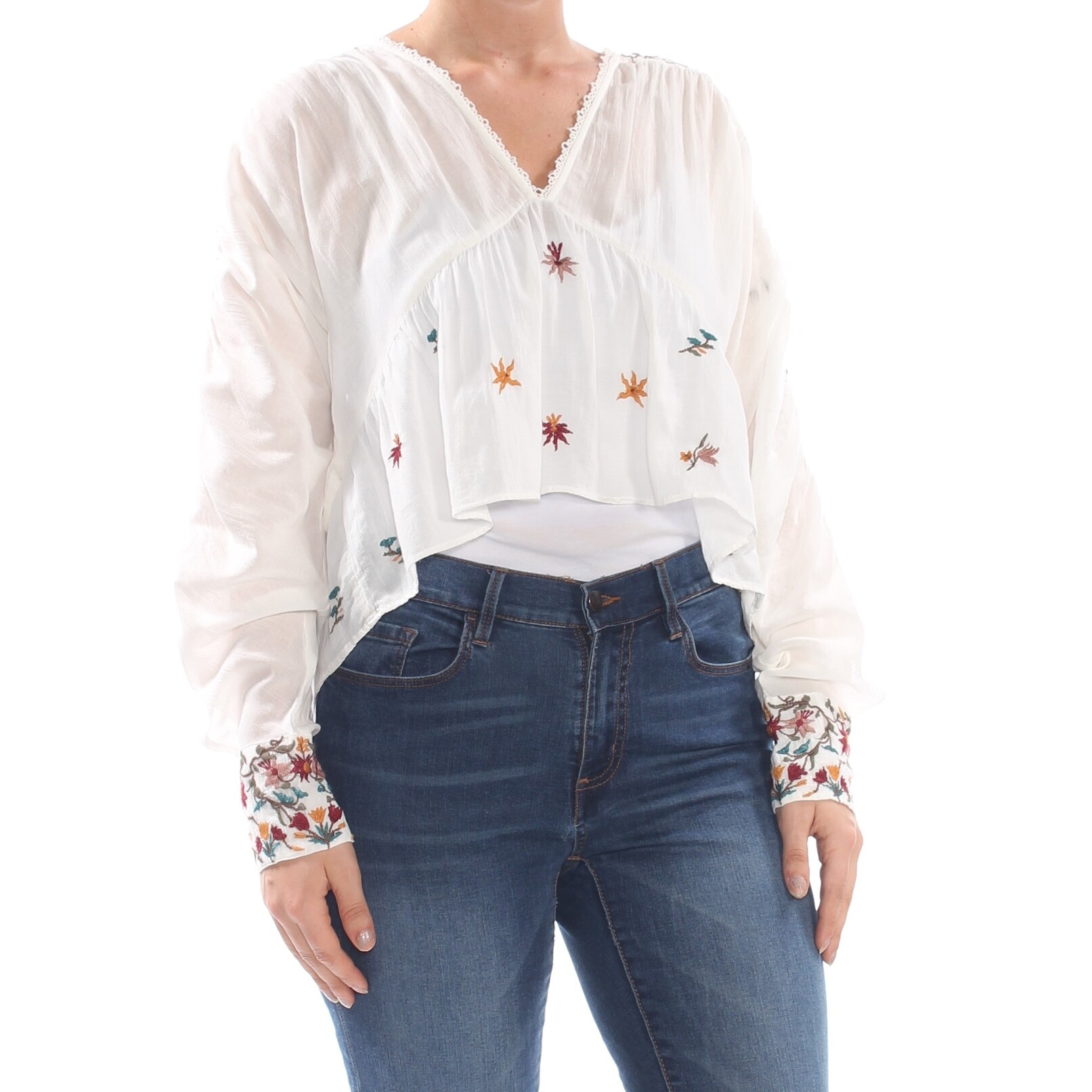 Shop Free People Womens Ivory Embroidered Ava Long Sleeve V Neck