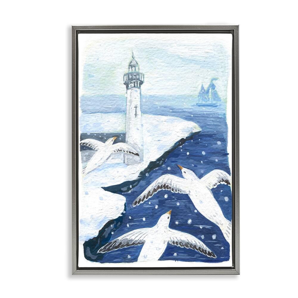 Stupell Snowy Winter Harbor Birds Framed Floater Canvas Wall Art Design By Hannah Moren
