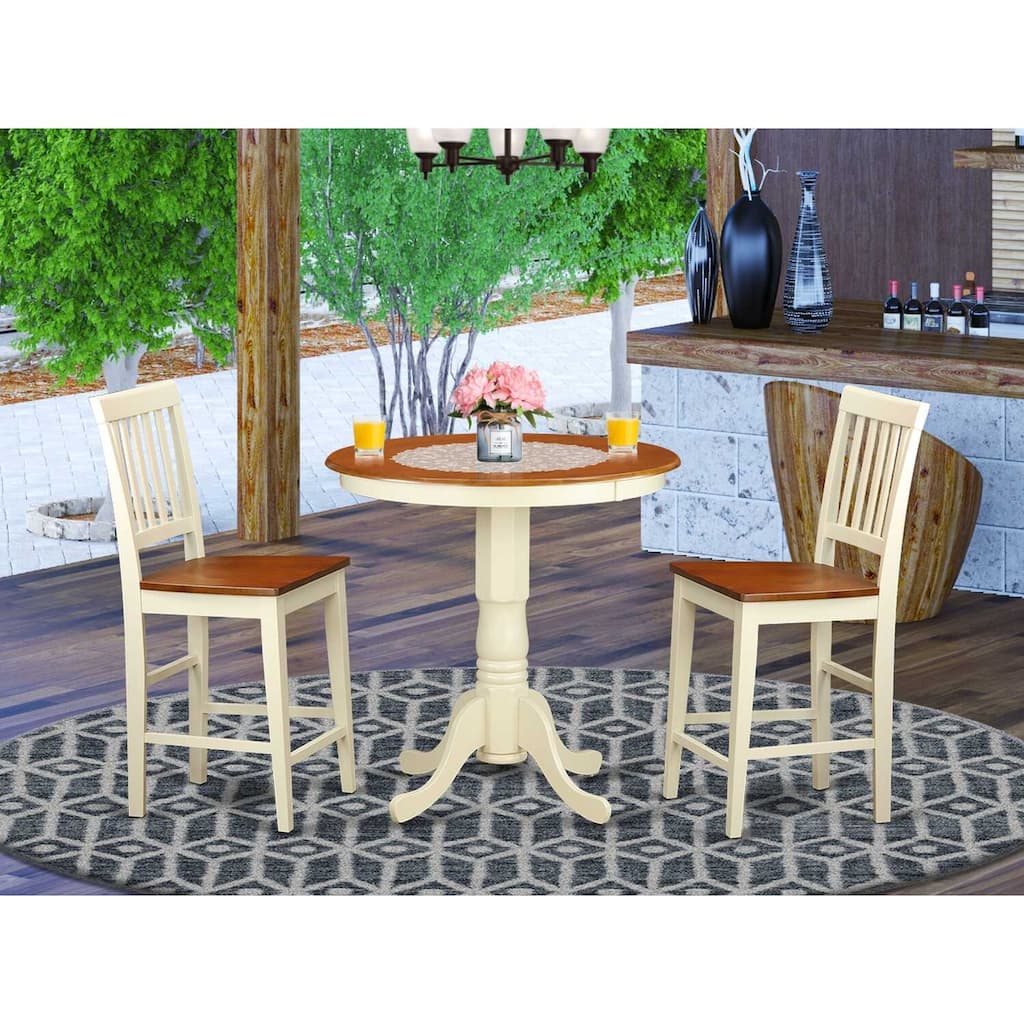 Counter Height Dining Set - 3 Piece Table & Chair Set - Antique Style Wood Table & Kitchen Chairs - 30 Inch Round
