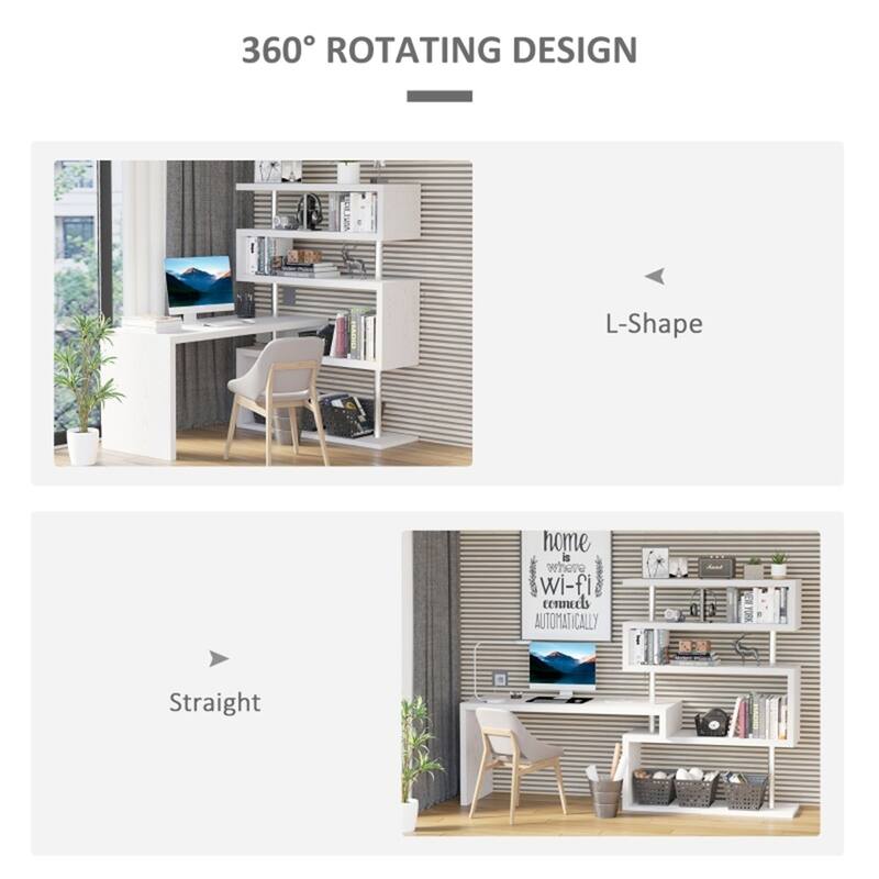 L-Shaped White Desk with Rotating Shelves and Multi-Tier Storage for Home and Office Use