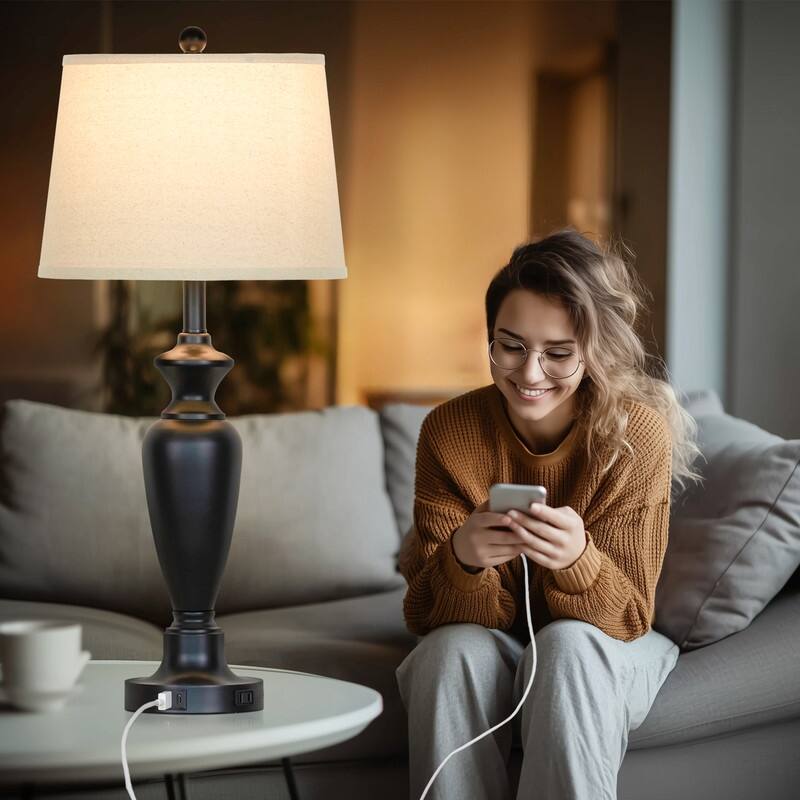 30'' Black Modern Table Lamps with USB-C Charging, Touch Dimmer(Set of 2) - 13'' x 13'' x 30
