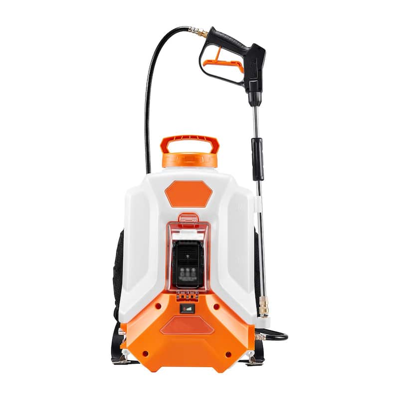White and Orange 16L Battery-Powered Backpack Sprayer with Adjustable 0-90 PSI and Ergonomic Design