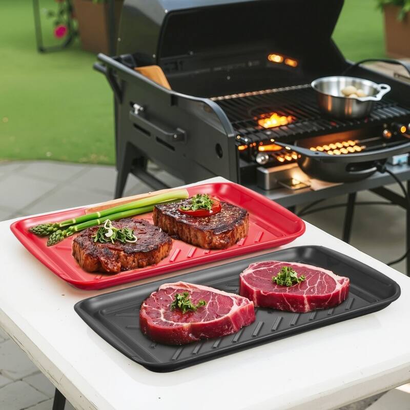 Black and Red Melamine 2-Piece Serving Tray Set with Non-Slip Stripes and Stackable Design - 17 x 10.35 x 1.18 in