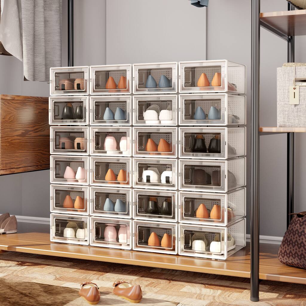 24 Pack Plastic Foldable Shoe Organizer Stackable Storage Boxes ...