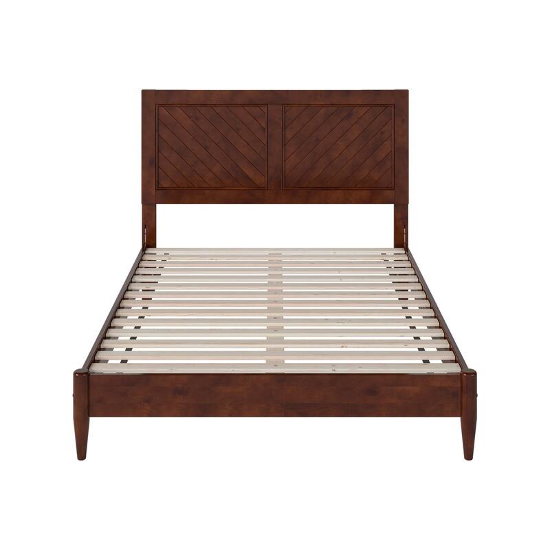 Solid Wood Low Profile Platform Bed - Classic Charm Design, USB Charger Included, Walnut Finish, Full Size Bed