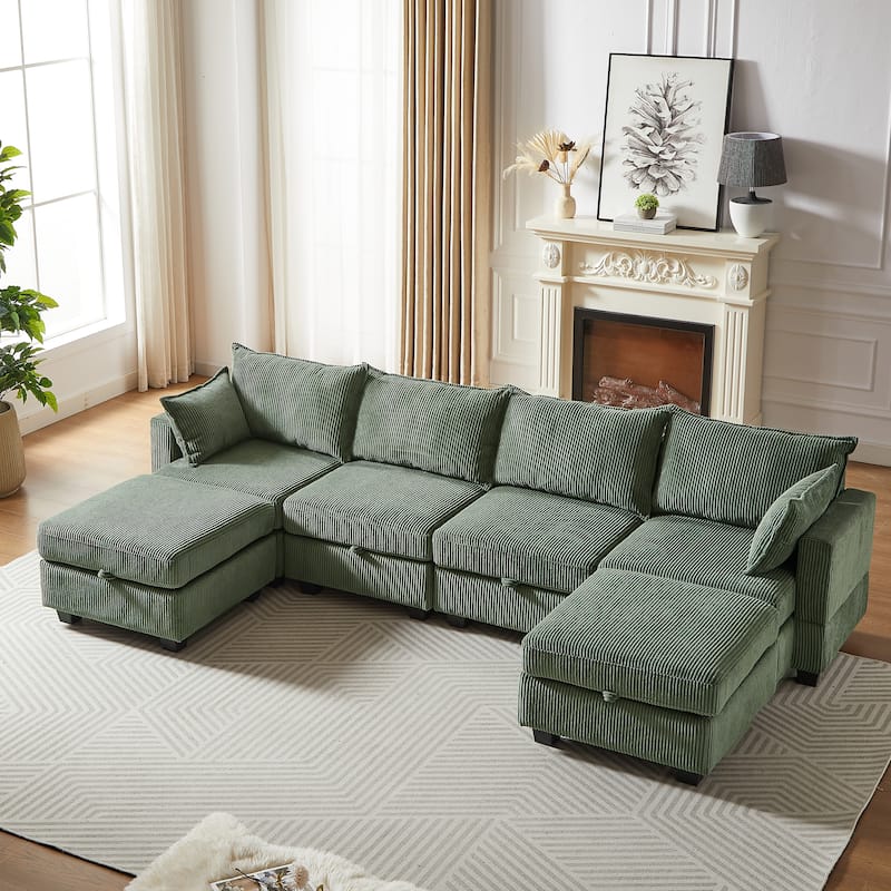 113.5" Corduroy U-Shaped Sectional Sofa with Ottoman