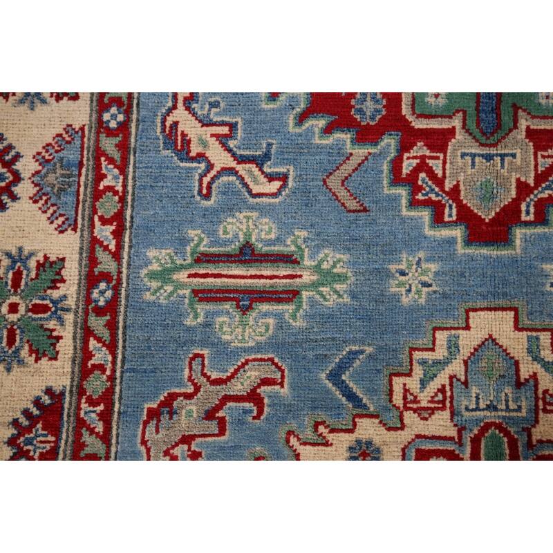 Blue Geometric Kazak Oriental Accent Rug Handmade Wool Carpet - 4'0" x 5'10"