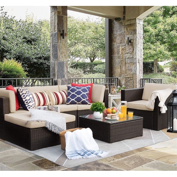 6 piece Cushioned Faux Rattan Patio Sectional Sofa Conversation