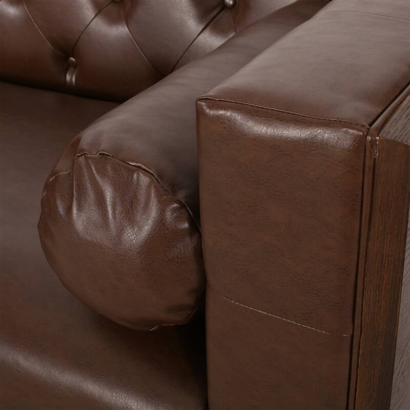 Dark Brown 90" Faux Leather Button Tufted 3-seater Sofa with Birch Wood Legs for Living Room