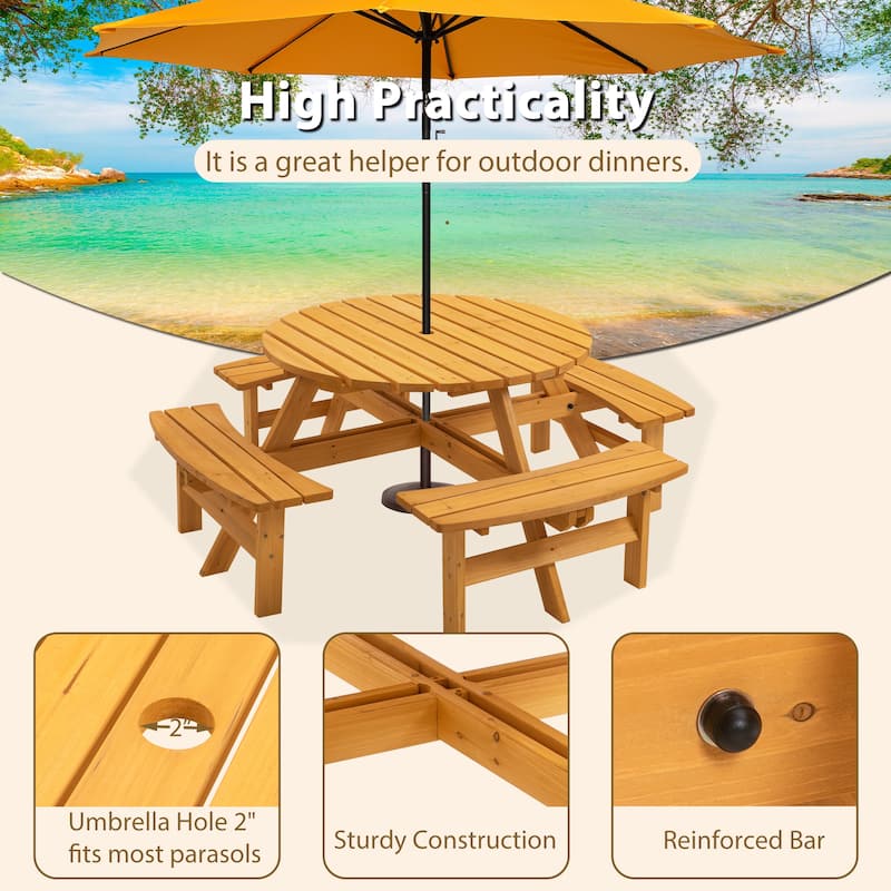 8-Person Circular Outdoor Wooden Picnic Table Patio, Backyard, Garden, DIY with 4-Built-in Benches, 2200 lbs. Capacity